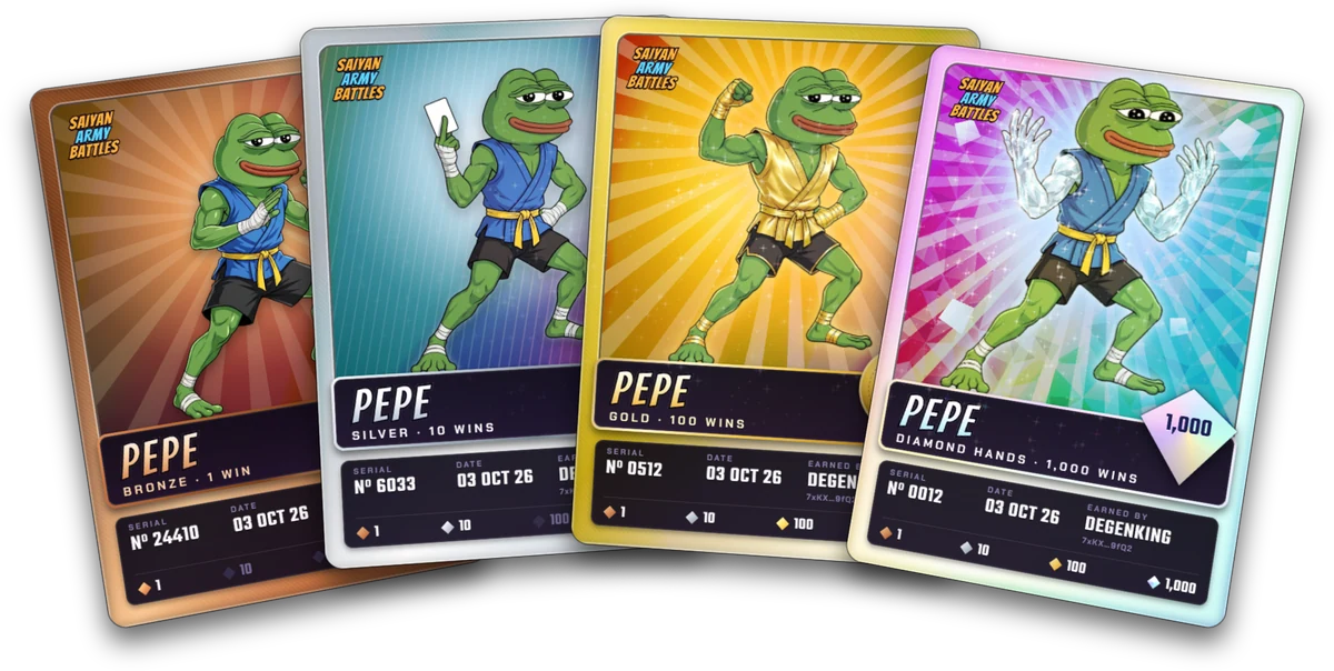 PEPE's four holo cards fanned out: Bronze for 1 win, Silver for 10, Gold for 100 and Diamond Hands for 1,000