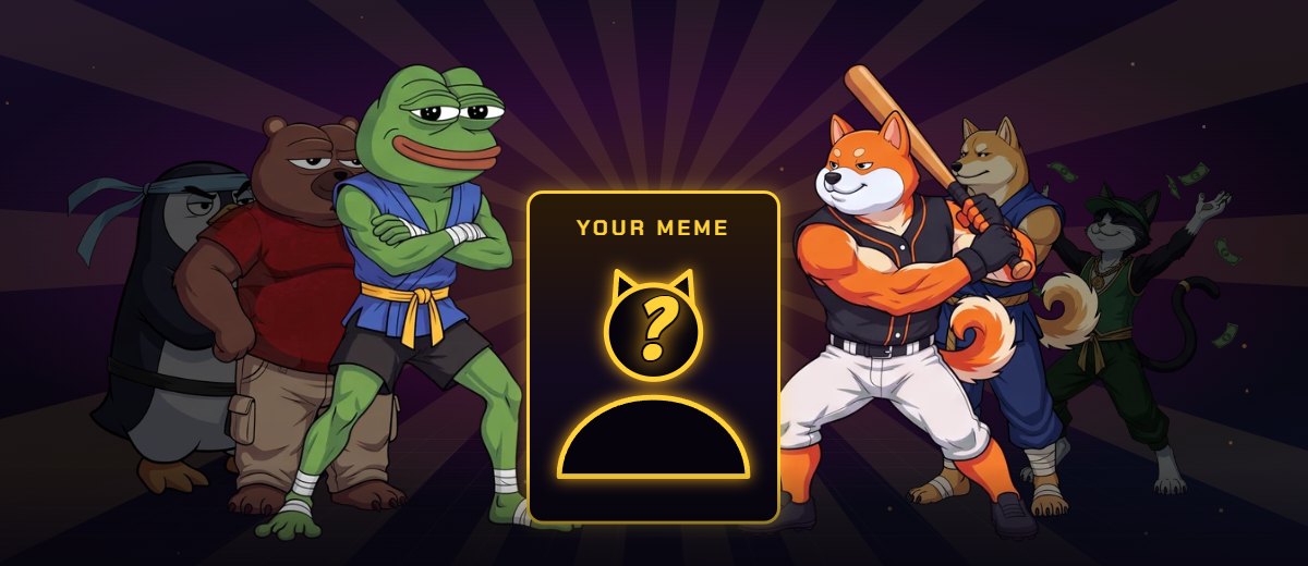 The meme fighters already in the game, PEPE, BONK, BOBO, DOGE, PENGU and CASHCAT, around a glowing empty slot for your mascot